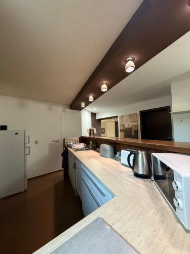 a large kitchen with a counter and a refrigerator at Apartmán Carat in Banka