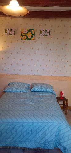 - une chambre dotée d'un lit bleu avec des affiches murales dans l'établissement La maison paisible au village, à Channay-sur-Lathan