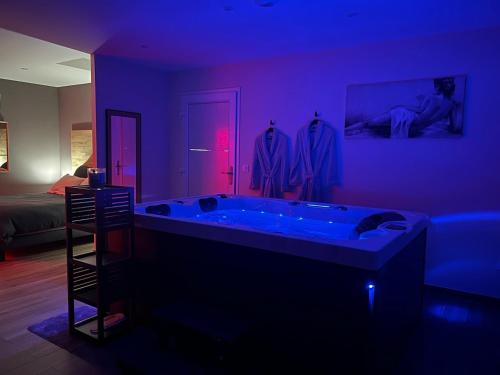 une pièce violette avec une baignoire dans une chambre dans l'établissement LA VALENTINE Love room GITES DES 3 LAVOIRS, à Bourogne