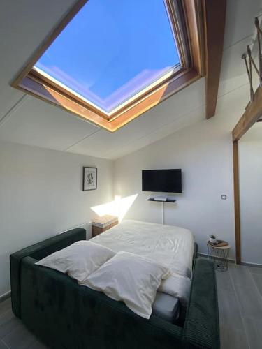 - une chambre avec un lit et une grande lucarne dans l'établissement AbriZen Toulouse Hypercentre, à Toulouse