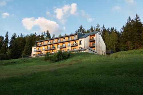 a building on top of a grassy hill at Na Obláčku in Benecko