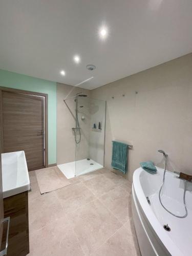 une salle de bain avec une douche, une baignoire et un lavabo dans l'établissement LE GRAND GITE - Gîte des 3 lavoirs, à Bourogne