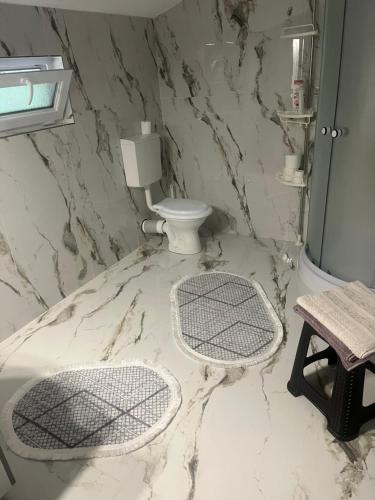 a marble bathroom with a toilet and a sink at Pensiune Montana Casa Din Padure in Motru Sec