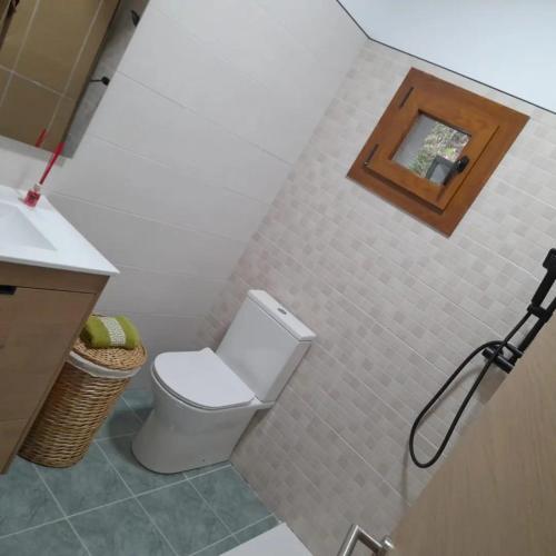 a bathroom with a toilet and a sink and a mirror at A Corcheira in Pontevedra