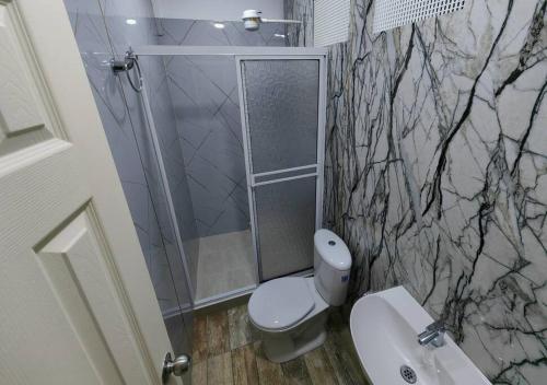a bathroom with a toilet and a shower at Apartahotel Arcoiris Salento in Salento