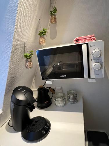 un four micro-ondes installé au-dessus d'un comptoir dans l'établissement Apartamento Torre Eiffel- Trocadéro, à Paris