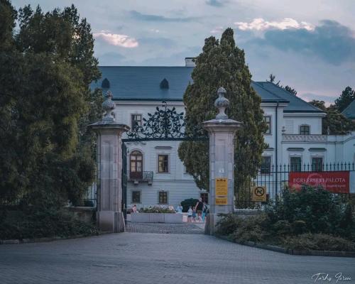 a white building with a gate in front of it at Albina apartman in Eger