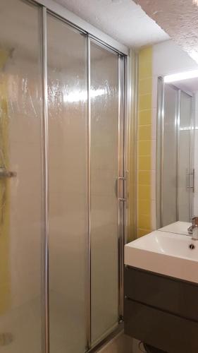 une salle de bain avec douche et lavabo dans l'établissement Chambre indépendante avec cuisinette, à Cesson-Sévigné