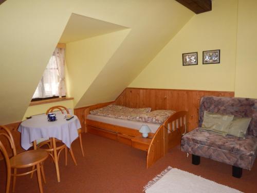 ein Schlafzimmer mit einem Bett, einem Tisch und einem Stuhl in der Unterkunft Penzion U Hlaváčů in Horní Maršov
