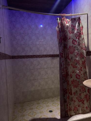 e bagno con doccia e tenda. di Hostal Don Oscar a Miguel de la Borda