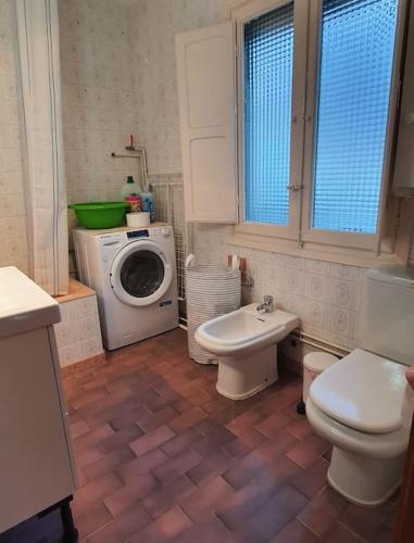 a bathroom with a toilet sink and a washing machine at Casa Los Quinos in Bielsa