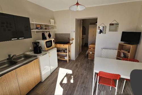 une petite cuisine avec un évier et un micro-ondes dans l'établissement Appartement au cœurs d'Aurillac, à Aurillac