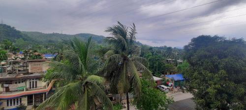 a palm tree in a town with mountains in the background at Selfie n Studio Homestay in Khānāpāra