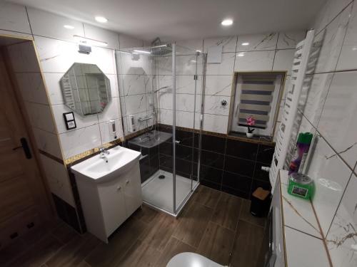 a bathroom with a shower and a sink and a toilet at Gościniec Trzebiel in Trzebiel