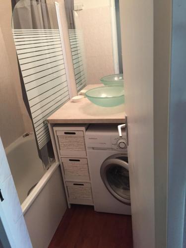 une salle de bain avec un lavabo et une machine à laver dans l'établissement La montagnarde, à Villarembert