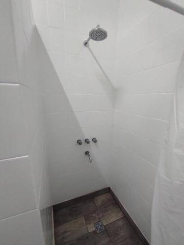 a white bathroom with a shower with a ceiling at Quinta Ferreyra in Villa Paranacito