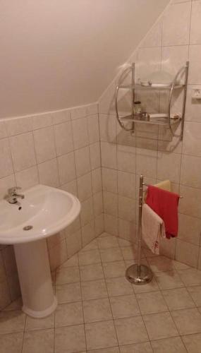 a bathroom with a sink and a toilet and a mirror at Cottage Eminem with garden and view of Sarajevo in Hadžići