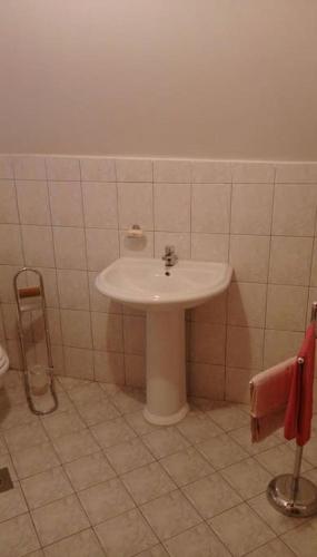 a bathroom with a white sink in a room at Cottage Eminem with garden and view of Sarajevo in Hadžići