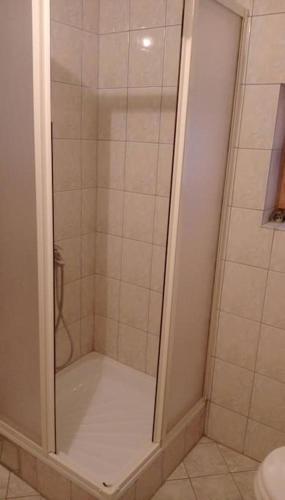 a shower with a glass door in a bathroom at Cottage Eminem with garden and view of Sarajevo in Hadžići