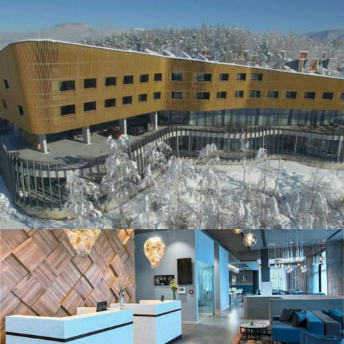 two pictures of a building with a building at Cottage Eminem with garden and view of Sarajevo in Hadžići