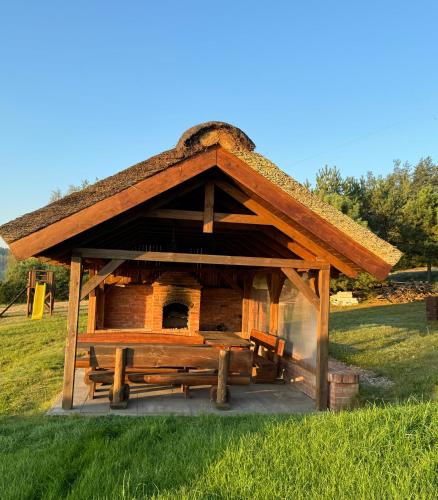 a pavilion with a thatched roof in a field at Apartamenty Lobeliowy Port in Borzyszkowy