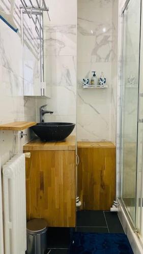 une salle de bain avec un lavabo et une douche en verre dans l'établissement Charmant 3 pièces à Saint-Cyr, à Saint-Cyr-lʼÉcole