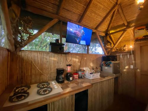 NaranjoにあるCasa del Arbol Feel Goodのキッチン(カウンター、壁掛けテレビ付)