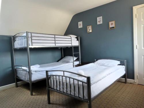 two bunk beds in a room with a blue wall at City Centre Townhouse - just off Medieval Mile in Kilkenny