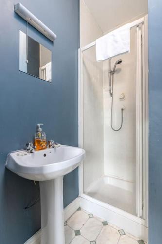 a bathroom with a white sink and a shower at City Centre Townhouse - just off Medieval Mile in Kilkenny