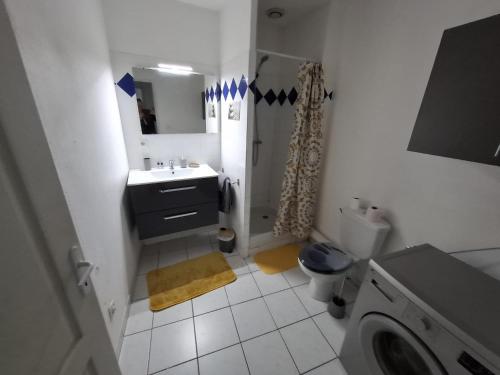 une petite salle de bain avec un lavabo et des toilettes dans l'établissement T2 le terminus, face gare , wifi, à Agen