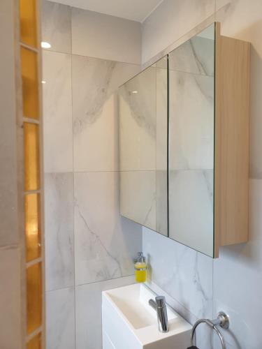 a bathroom with a sink and a mirror at Cute comfortable, quiet studio 11 with Carpark in Auckland