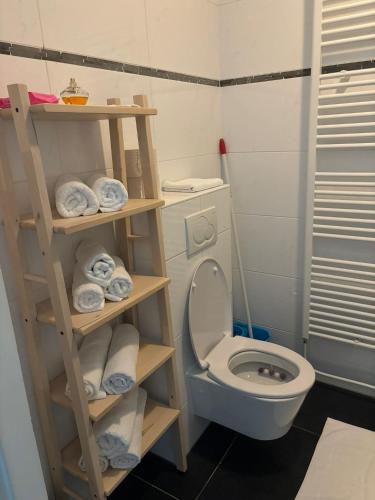 a bathroom with a toilet and a shelf with towels at In Almere, Close to Amsterdam in Almere