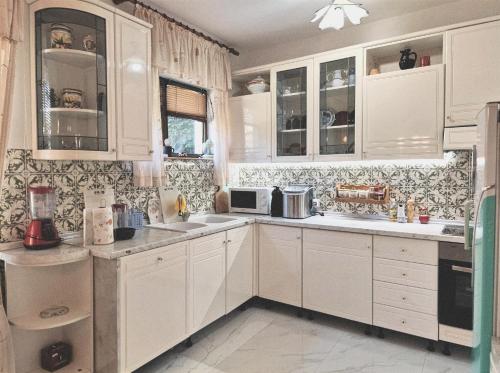 a kitchen with white cabinets and white appliances at Villa D'amore Montenegro in Donji Morinj