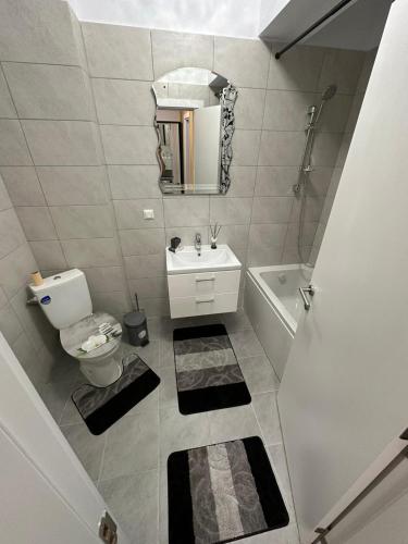 a bathroom with a toilet and a sink and a mirror at Regim Relax 2 in Bucharest