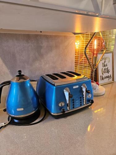a blue toaster sitting on top of a kitchen counter at Book Now Affordable Cute Cozy studio with Carpark 23 in Auckland