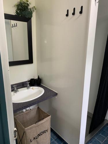 a bathroom with a sink and a mirror at Travellers Inn Motel in Gisborne