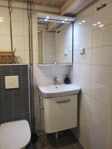 a bathroom with a sink and a mirror and a toilet at Kaunis kaupunkiasunto, täydellinen sijainti! in Lahti