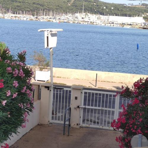 un bâtiment avec une porte à côté d'une masse d'eau dans l'établissement Le Perroquet Appart' aux Sablettes plage parking, à La Seyne-sur-Mer