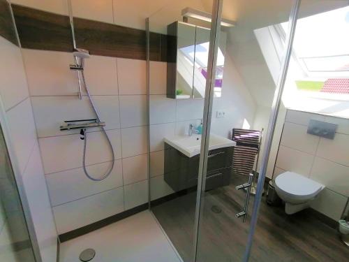 グレートジールにあるFriesenhaus Düwels Husのシャワー、洗面台、トイレ付きのバスルーム