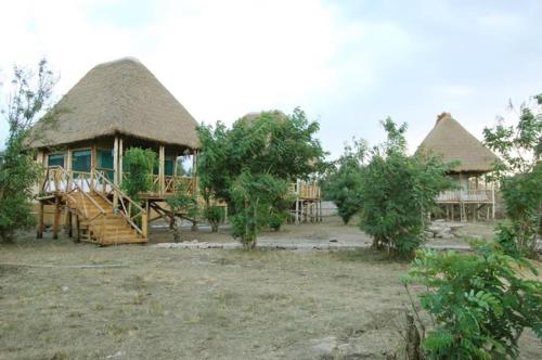a small hut with a thatched roof and a staircase at Entale Safari Camp Queen Elizabeth National Park in Kasese
