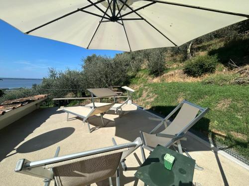 a patio with two chairs and an umbrella at Massaciuccoli Romana in Massaciuccoli