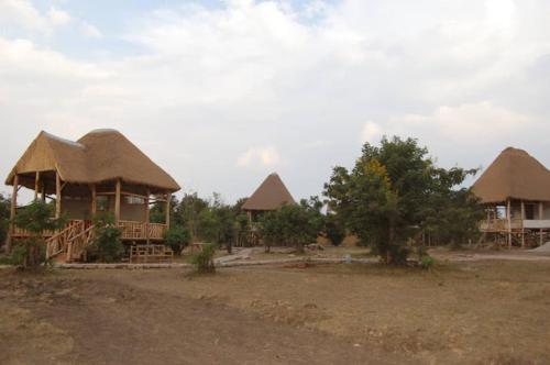 a group of huts with thatched roofs in a field at Entale Safari Camp Queen Elizabeth National Park in Kasese