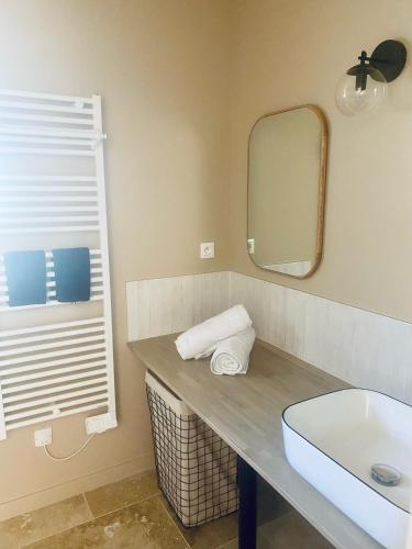 une salle de bain avec un lavabo et un miroir dans l'établissement Maison Individuelle, à Polliat
