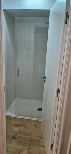 a bathroom with a shower with a glass door at Apartamentos Mirador de San Telmo in Tui
