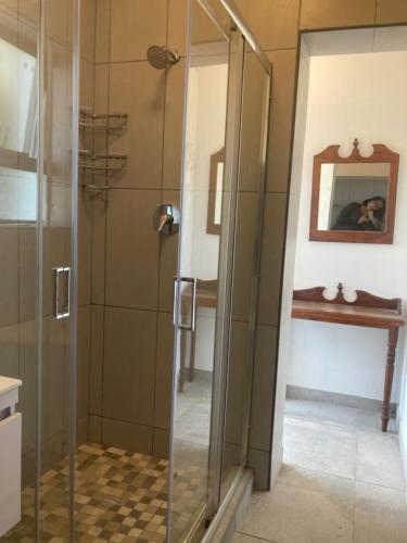 a shower with a glass door in a bathroom at Budget Boutique in Blomtuin