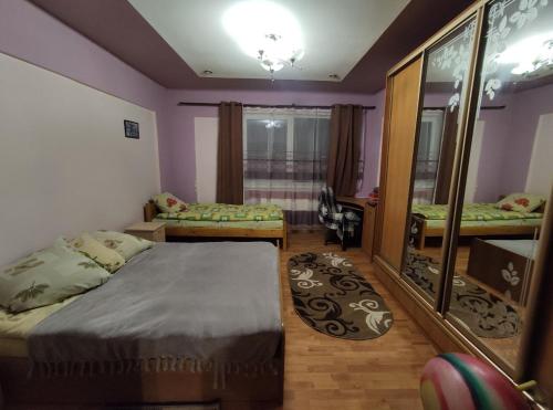 a bedroom with two beds and a mirror at Guest House Mandrivnyi Rooms&Apartments in Yasinya