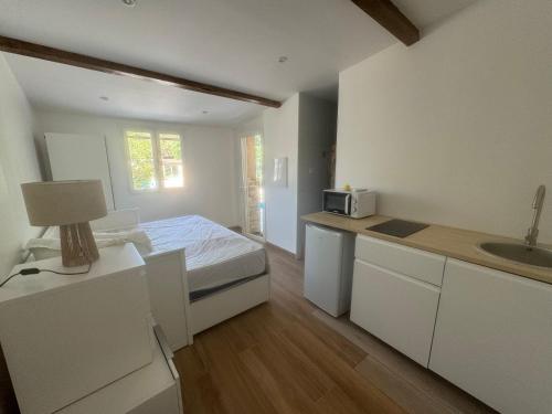 Il comprend une chambre avec un lit et une cuisine avec un évier. dans l'établissement Bergerie, à Marseille
