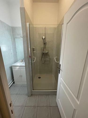 une douche avec une porte vitrée dans une salle de bain dans l'établissement Bel appartement - Béziers - 4 pers - Balcon - Centre - IUT, à Béziers