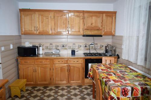a kitchen with wooden cabinets and a counter top at Pensiunea Steaua Apusenilor in Călăţele