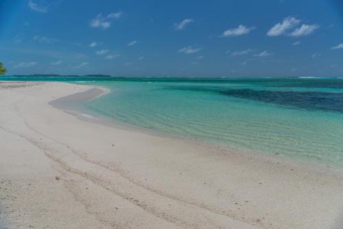 a sandy beach with the ocean and blue water at Chao Guest House in Maafushi